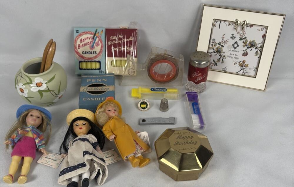 Framed Paper With Bundle Of 3 Dolls mini Pot 2 Full 1 Empty Box Of Candles &more